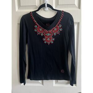 DOUBLE D RANCH Black Red Turquoise Beaded Cotton Long Sleeve Western Shirt Sz S